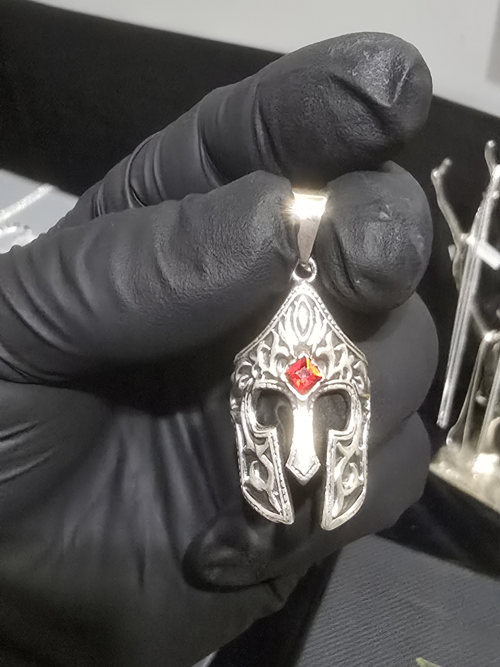 Vintage Handcrafted Taxco Spartacus Helmet Pendant with Red Gem